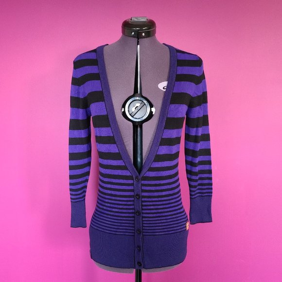 "Baby Blue" purple & black striped v-neck button-up cardigan - Picture 1 of 6